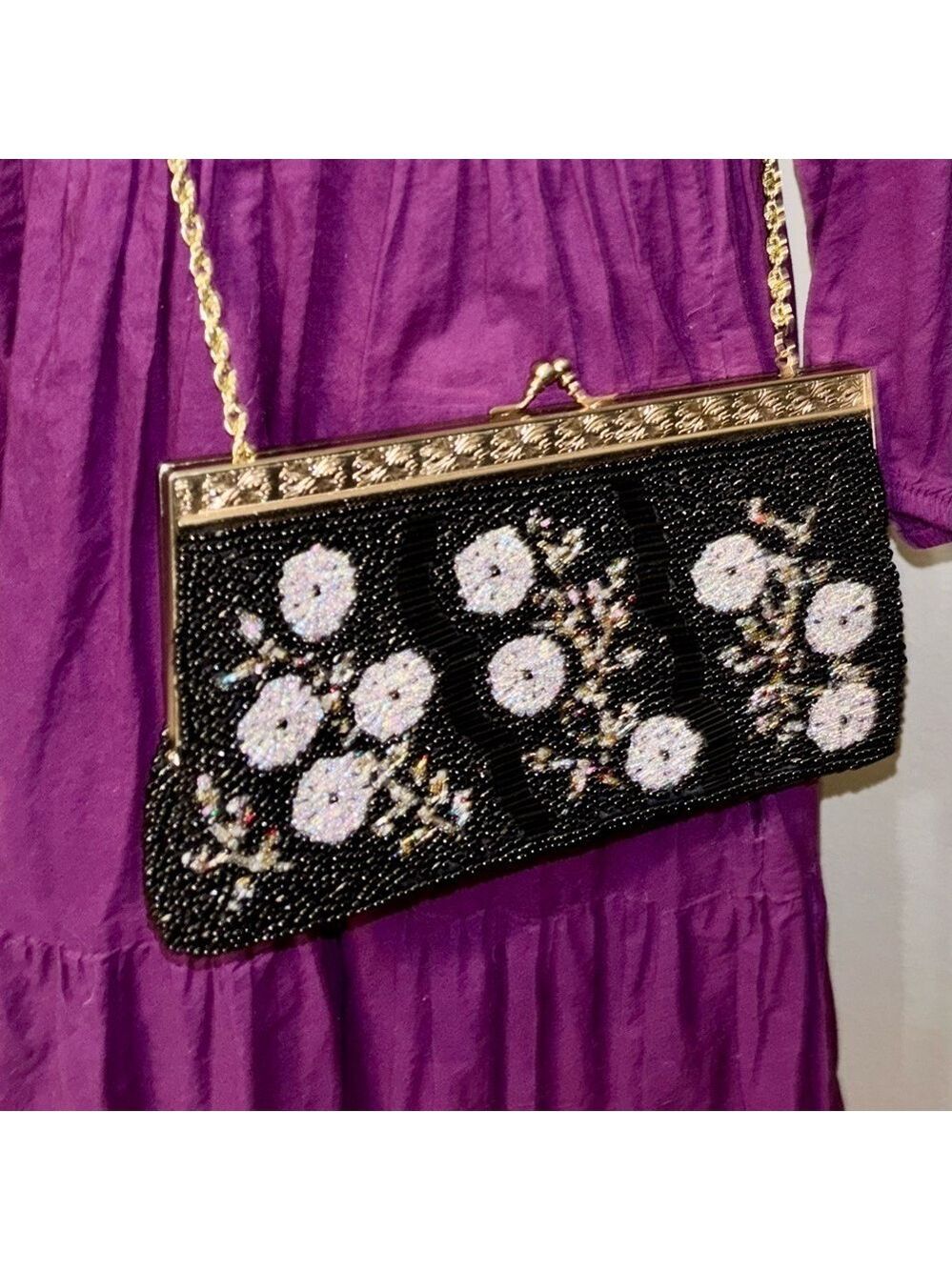 🔥Rare Vintage🔥 Stunning Mid Century Floral Glass Beaded Evening Clutch Purse - Picture 2 of 10